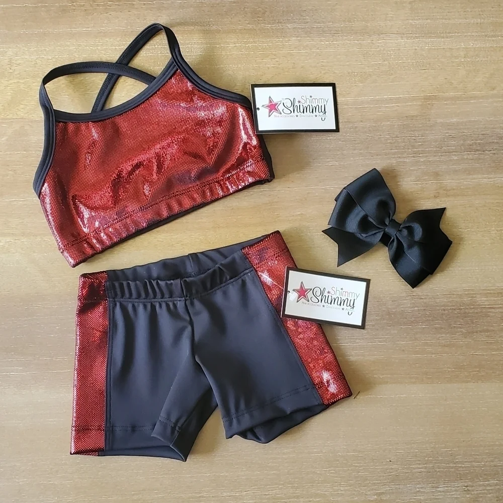 Shimmy Shimmy Inc Red Hologram Dance crop top and short Set NWT Cheer Gym